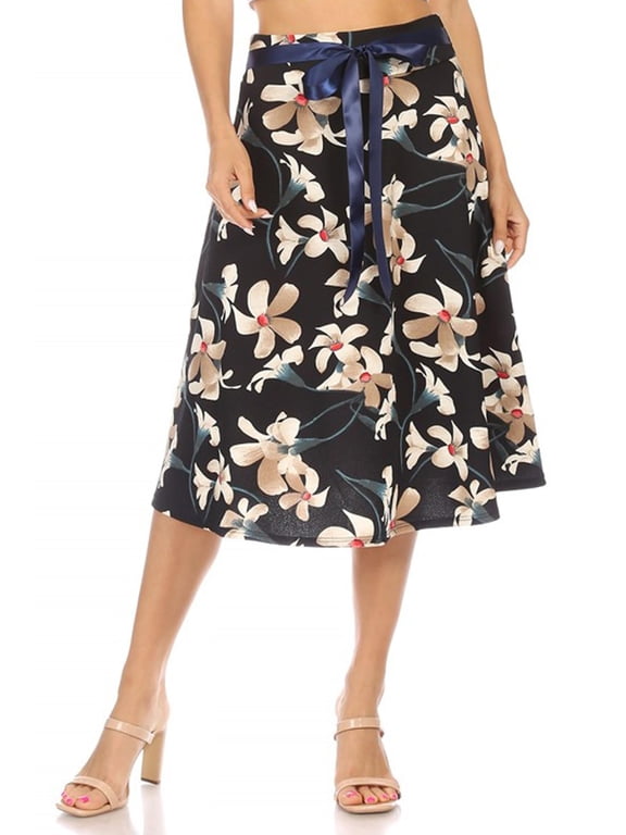 Women's Casual Floral A-line Printed High Waist Bow Tie Belted Knee Length Midi Skirt