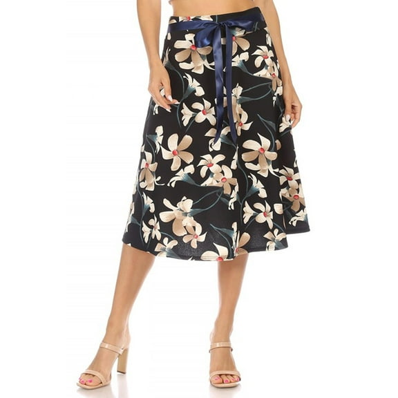 Women's Casual Floral A-line Printed High Waist Bow Tie Belted Knee Length Midi Skirt