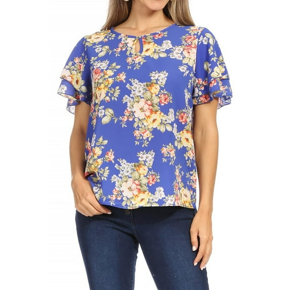 Women's Casual Floral Flowy Short Sleeve Round Neck Key Hole Tee Blouse Top