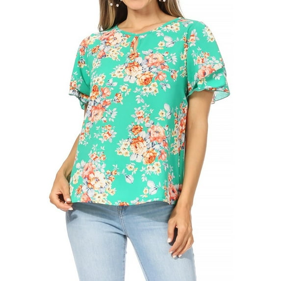 Women's Casual Floral Flowy Short Sleeve Round Neck Key Hole Tee Blouse Top