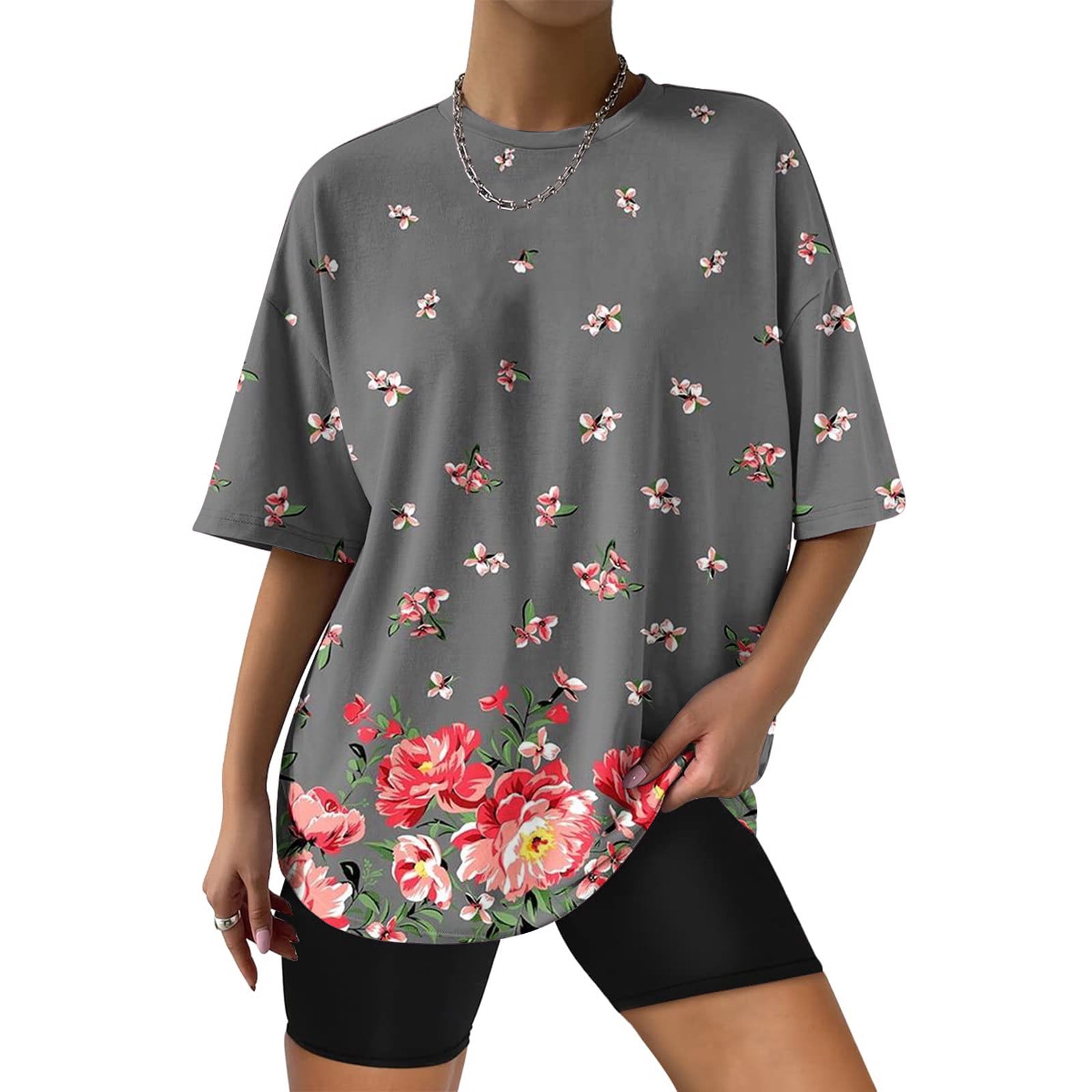 Women’s Casual Floral Graphic Print Short Sleeve Tunic Tops Round