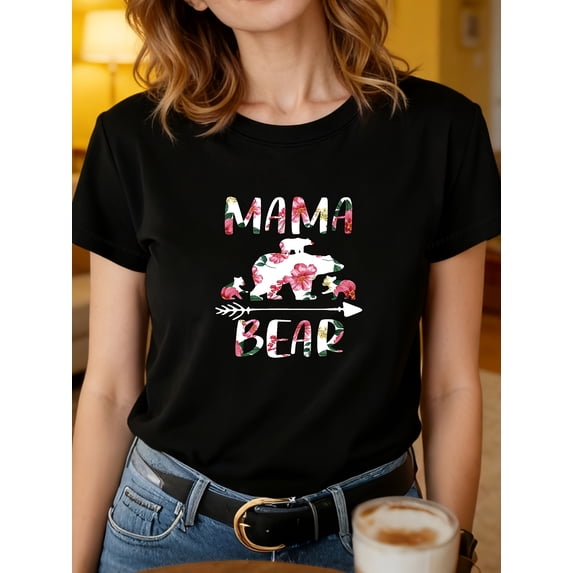 Women's Casual Floral Mama Bear Graphic Short Sleeve T-Shirt