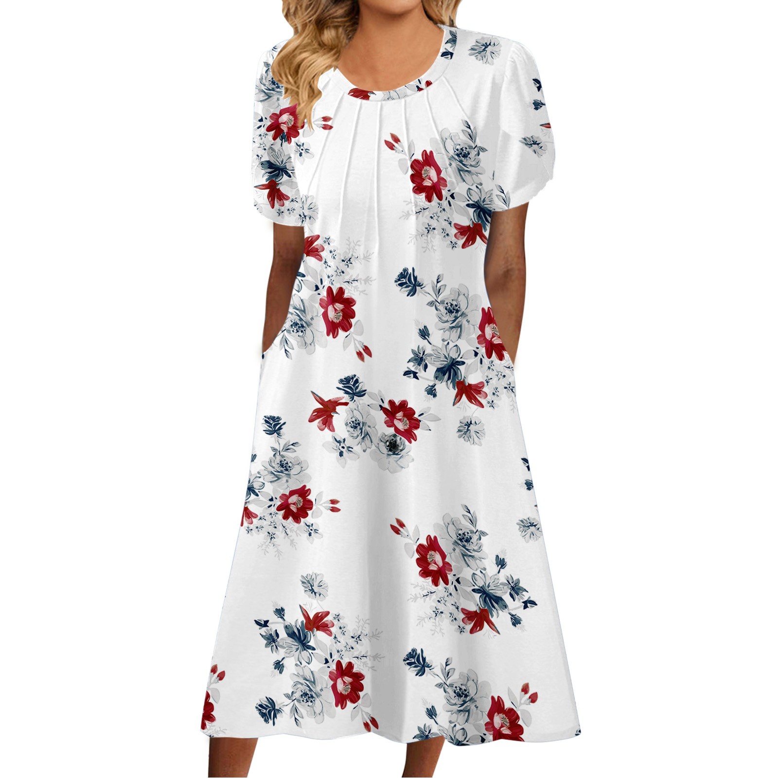 Women s Casual Floral Print Business Casual Dresses for Women Summer Round Neck Lace Split Juniors Dresses Short Sleeve Dress Pocket Women Dresses with Pockets Long Dress Walmart