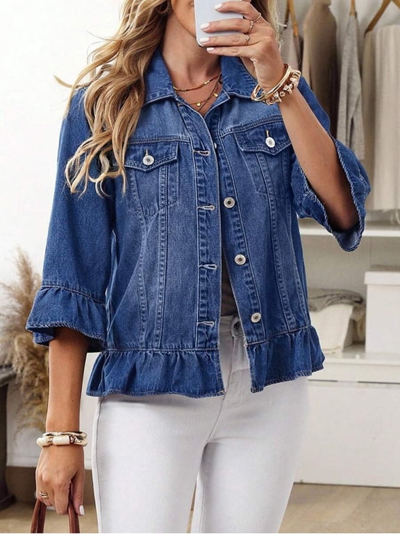 Women's Casual Floral Print Denim Jacket With Ruffle Hem, Suitable For Spring And Autumn, Fashion Resort Style