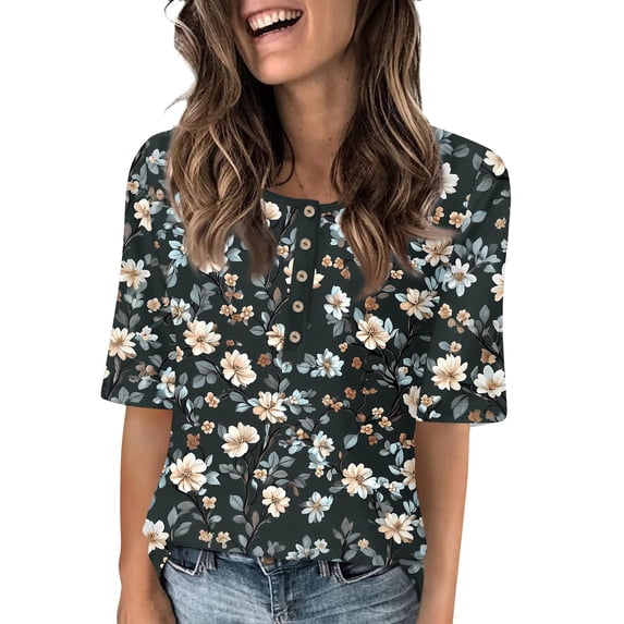 Women’s Casual Floral Print Five Sleeve Round Neck Button Half Sleeve Top Loose Fit Lightweight Blouse for Daily Wear Black L