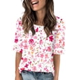 thumbnail image 1 of Women’s Casual Floral Print Five Sleeve Round Neck Button Half Sleeve Top Loose Fit Lightweight Blouse for Daily Wear Pink L, 1 of 4