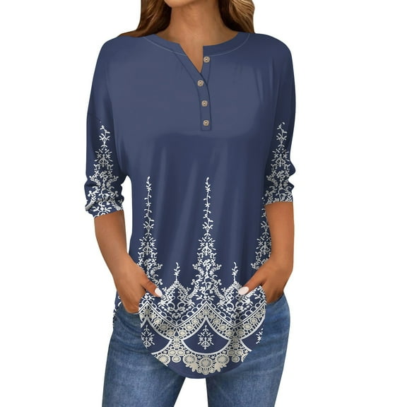 Women's Casual Floral Print Henley Blouse, 3/4 Sleeve Gradient Tunic Top with Buttons, Loose Fit Lightweight Shirt for Spring and Summer