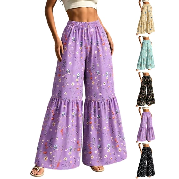 Women's Casual Floral Print Lounge Pants Elastic Waist Loose Fit Wide Leg Trousers,Lightweight Beach Pants with Pockets