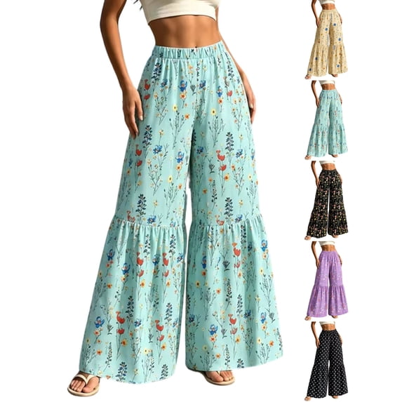 Women's Casual Floral Print Lounge Pants Elastic Waist Loose Fit Wide Leg Trousers,Lightweight Beach Pants with Pockets