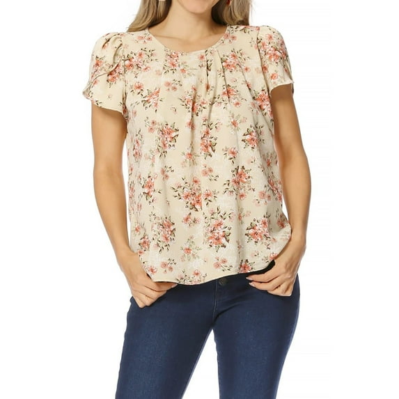 Women's Casual Floral Print Pleated Front Petal Cap Sleeve Round Neck Tee Blouse Top