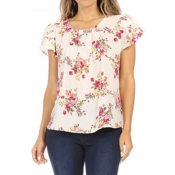 Women's Casual Floral Print Pleated Front Petal Cap Sleeve Round Neck Tee Blouse Top