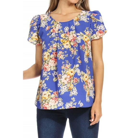 Women's Casual Floral Print Pleated Front Petal Cap Sleeve Round Neck Tee Blouse Top