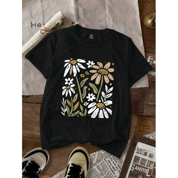 Women's Casual Floral Print Slim Fit Short Sleeve T-Shirt Graphic Tees Women Tops