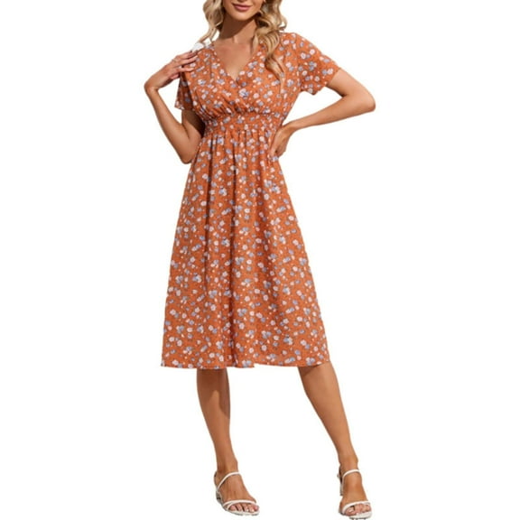 Women's Casual Floral Print V Neck A Line Long Skirt Flowing Hem Elastic Waist Temperament Dress for Everyday Comfort