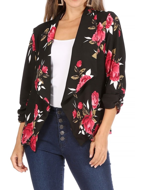 Women's Casual Floral Print Waist Length Fitted Style Blazer Jacket
