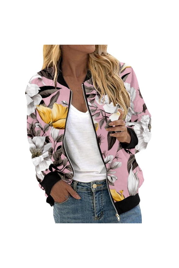 Women's Casual Floral Print Zip Up Jacket Lightweight Stand Collar Short Coat for Sports and Daily Outwear