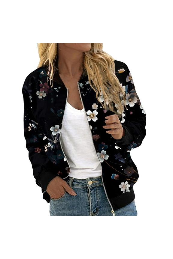 Women's Casual Floral Print Zip Up Jacket Lightweight Stand Collar Sporty Outerwear Coat for Everyday Style