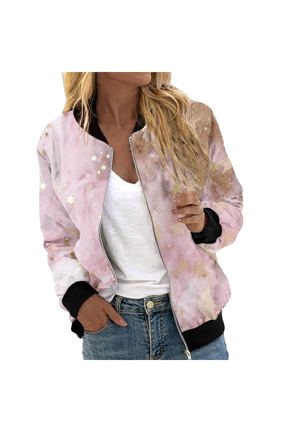 Women's Casual Floral Print Zip Up Jacket Lightweight Stand Collar Sporty Outerwear Coat for Everyday Style