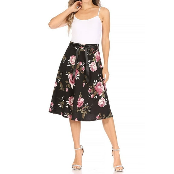 Women's Casual Floral Printed A Line Ribbon Belted Knee Length Midi Skirt