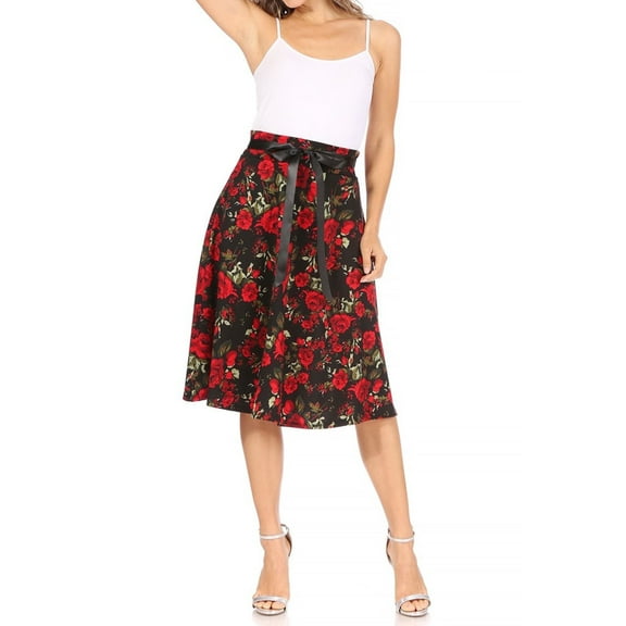 Women's Casual Floral Printed A Line Ribbon Belted Knee Length Midi Skirt