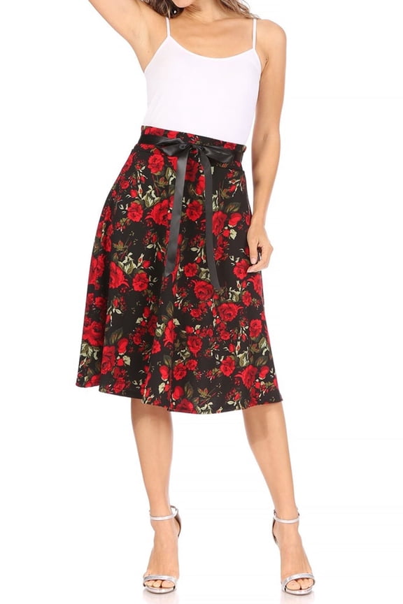 Women's Casual Floral Printed A Line Ribbon Belted Knee Length Midi Skirt