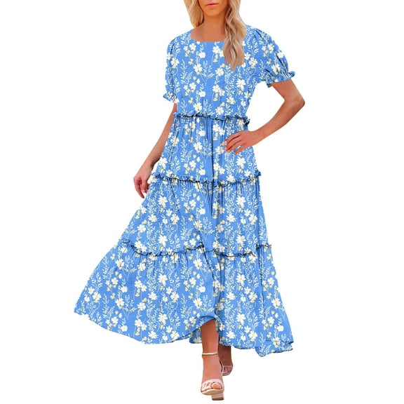 Women's Casual Floral Printed Bohemia Midi Dress Puffy Short Sleeve Crew Neck Smocked Tiered Ruffle Flowy Dresses
