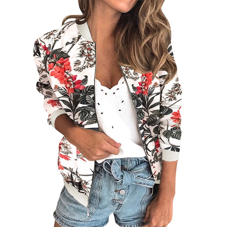 Women's Casual Floral Zip Up Bomber Jacket Coat Lightweight Short