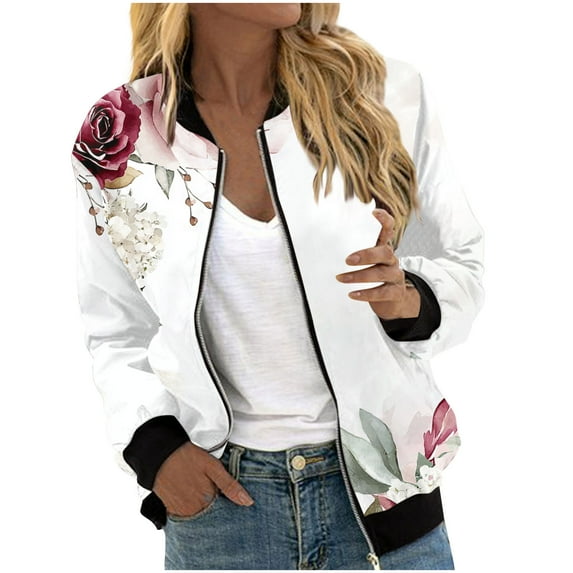Women's Casual Floral Zip Up Bomber Jacket Coat Lightweight Short No Lining Outwear Tops Windbreaker with Pocket