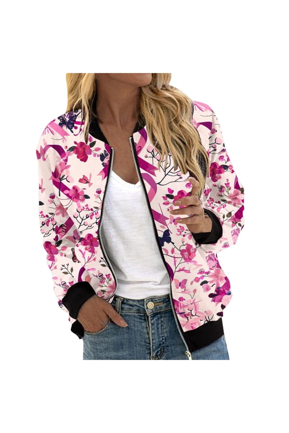Women's Casual Floral Zip Up Bomber Jacket Coat Lightweight Short No Lining Outwear Tops Windbreaker with Pocket