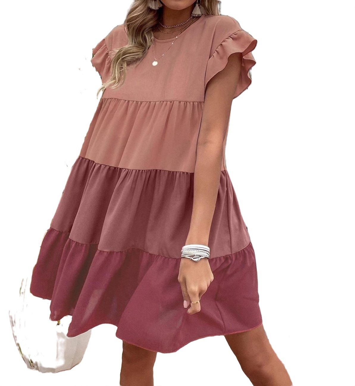 flounce sleeve colorblock smock top