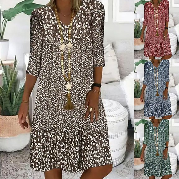 Women's Casual Flowy Boho Mini Dress 3/4 Sleeve Christmas Sweatershirts Long Sleeve Crewneck Oversized Printed Midi Pullover Beach Dresses Blue S-5XL