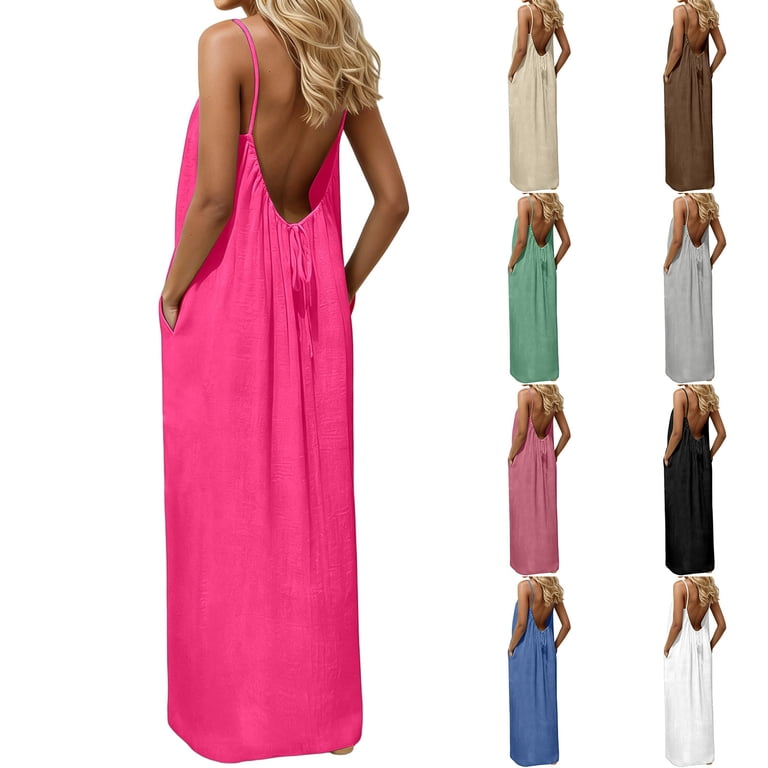 Women's Casual Flowy Maxi Dress Backless Cami Spaghetti Strap Sleeveless Open Back Loose Kimono Robe Dress Vacation Sundress with Pockets Green S-XXL