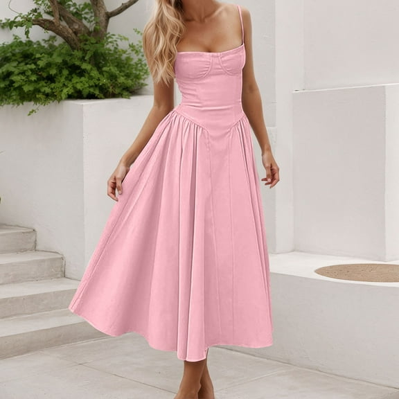 Women's Casual Flowy Midi Dress Elegant A-Line Waisted Comfortable Summer Spring Fall Daily Wear Outfit