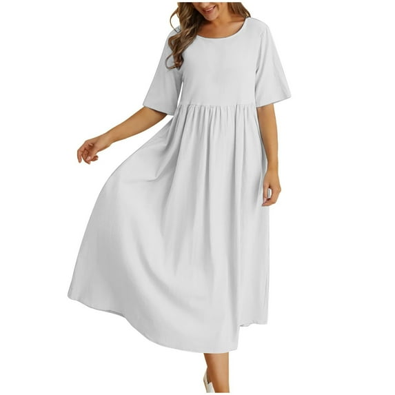 Women's Casual Flowy Round Neck Short Sleeve Loose Fit Midi Dress with Pockets Comfortable Stylish Everyday Wear