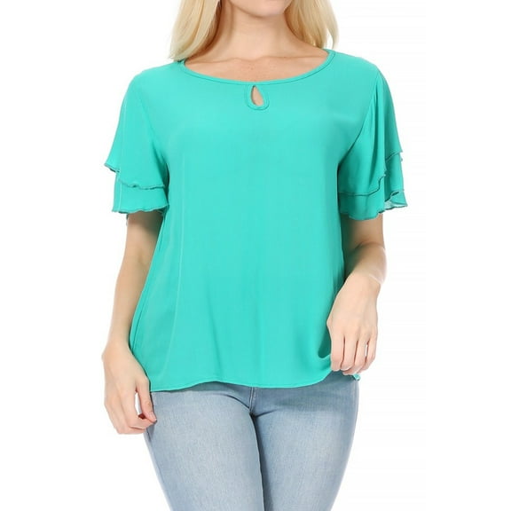 Women's Casual Flowy Short Flutter Sleeve Round Neck Key Hole Blouse Top