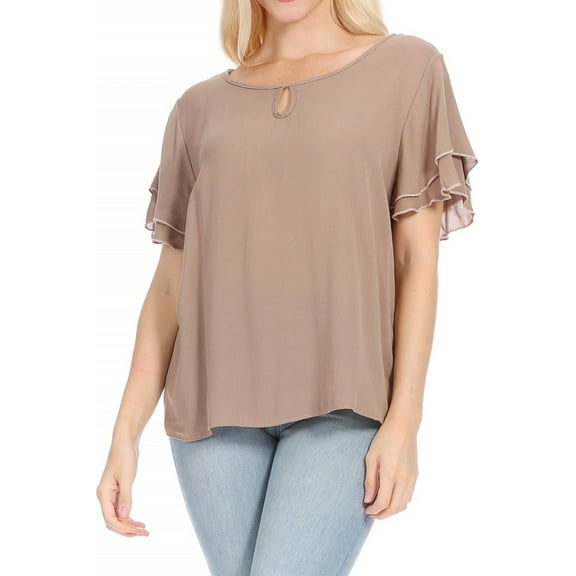 Women's Casual Flowy Short Flutter Sleeve Round Neck Key Hole Blouse Top