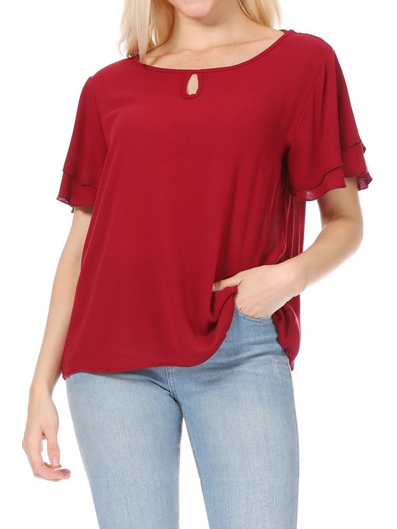 Women's Casual Flowy Short Flutter Sleeve Round Neck Key Hole Blouse Top