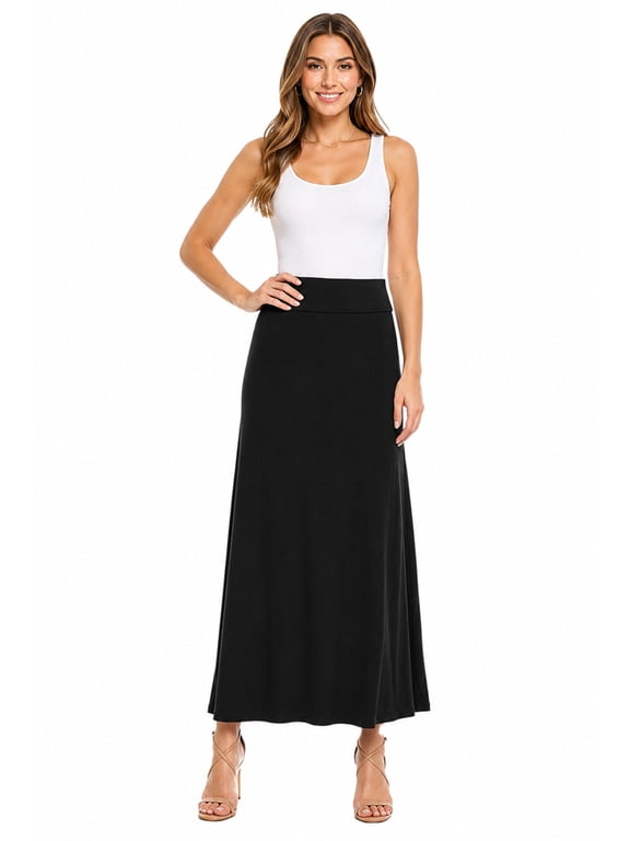 Women's Casual Foldable Waist Comfy Loose Fit Solid Maxi Skirt S-3XL
