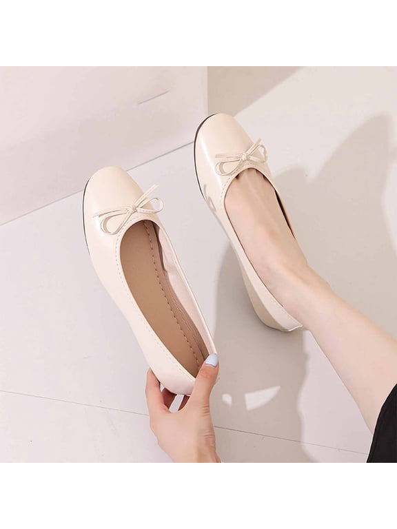 Women's Casual French Round Toe Flat Shoes with Bow, Lightweight All-Season Comfort Dress Flats for Office and Daily Wear Beige