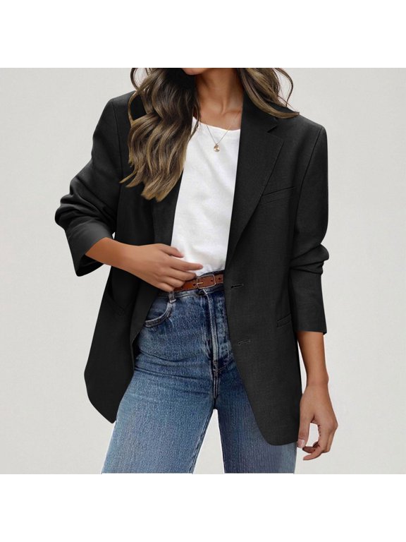 Women's Casual Friday Blazer Solid Color Long Sleeve Notched Lapel Open Front Lightweight Work Jacket