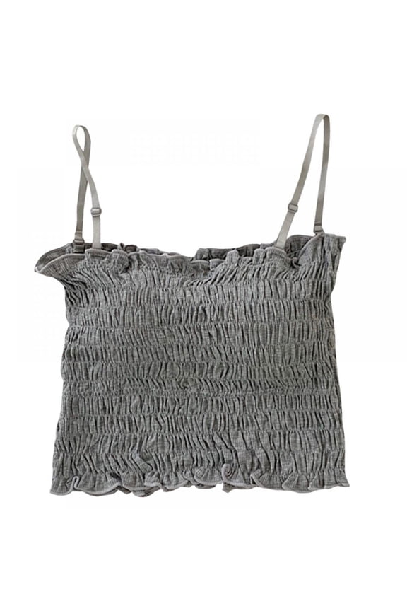 Women's Casual Frill Smocked Crop Cami Tank Spaghetti Strap Sleeveless Top