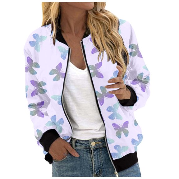 Women's Casual Full Print Zipper Cardigan Jacket Long Sleeve Lightweight Outerwear Ladies Jacket plus Size Womens Winter Jacket Hood Wool Dress Womens plus Size Clothes 3x Women S Coats And Jacket