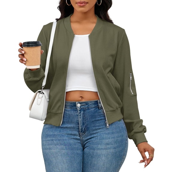 Women's Casual Full Zip Jacket Comfy Loose Long Sleeve Coat Lightweight Solid Bomber Jacket with Pockets, L