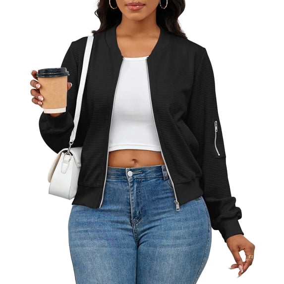 Women's Casual Full Zip Jacket Comfy Loose Long Sleeve Coat Lightweight Solid Bomber Jacket with Pockets, M