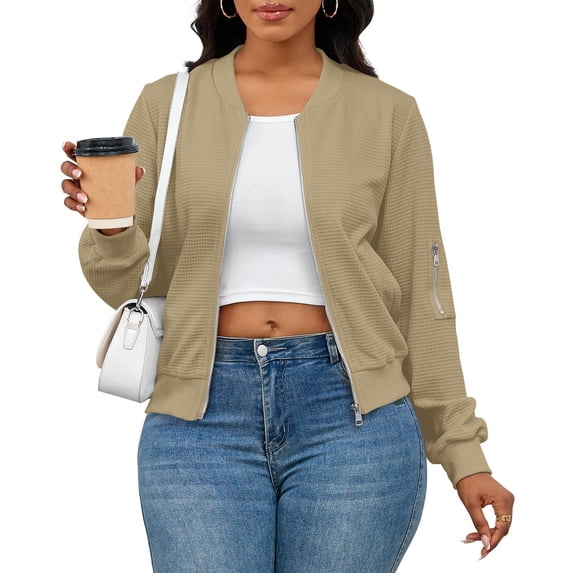 Women's Casual Full Zip Jacket Comfy Loose Long Sleeve Coat Lightweight Solid Bomber Jacket with Pockets, S