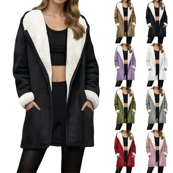 Women's Casual Full Zip Up Sherpa Lined Hoodie Long Sleeve Sweatshirt Jacket Coat Thermal Lightweight Wind_proof Fall Winter Clothes (Black, L)