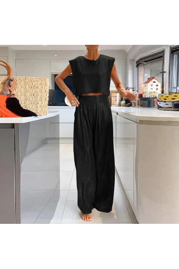 Women's Casual Glossy Vest And Wide Leg Pants Two Piece Set Round Neck Sleeveless Crop Top Long Pants Party Outfit Womens plus Size Wedding Dress Romper Romper plus Size Weavers Pants Interview