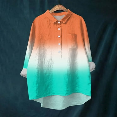Women's Casual Gradient Button-Down Shirt, Long Sleeve Loose Fit Blouse with Pocket, Stylish Ombre Top