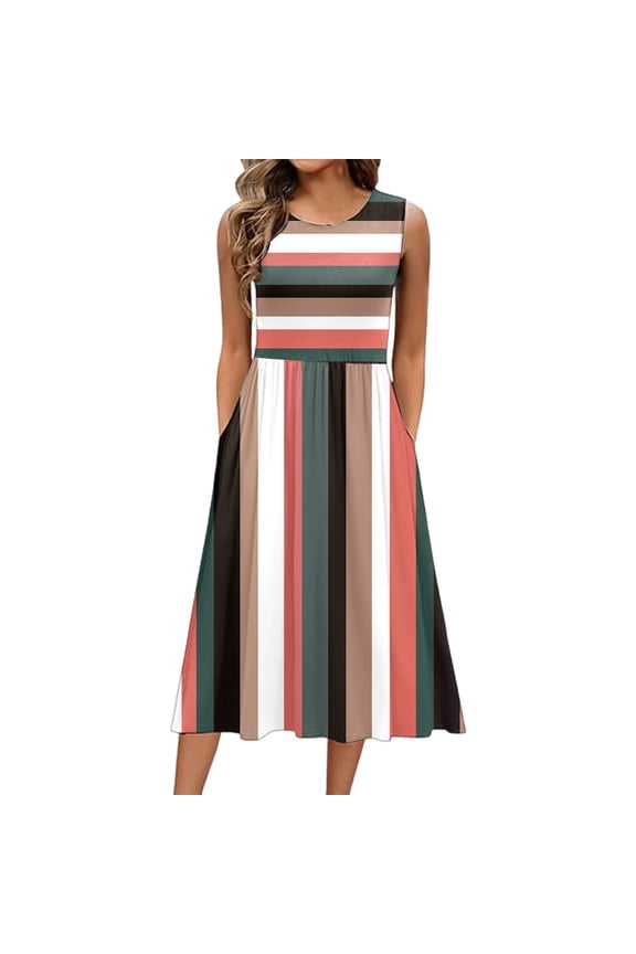 Women's Casual Gradient Print Sleeveless Dress with Pockets, Polyester-Spandex, Comfortable Fit