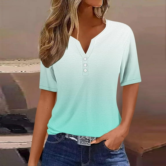 Women's Casual Gradient Short-Sleeved V-Neck Blouse Top for Summer, Soft Lightweight Shirt, Fashionable Loose Fit Tunic for Everyday Wear, Perfect for Beach, Travel, and Outdoor Activities